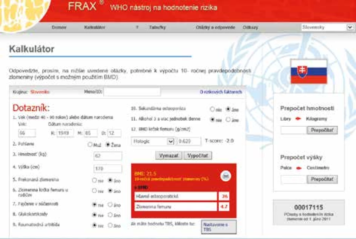 Webová stránka kalkulátoru FRAX – dostupné na http://www.shef.ac.uk/FRAX/
